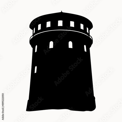 A black silhouette of a tower with windows