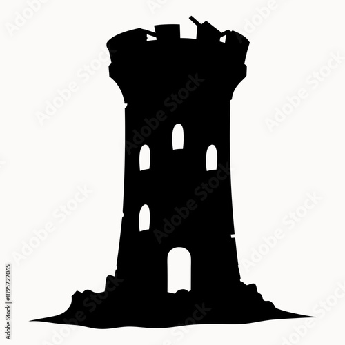 A black silhouette of a medieval castle tower with battlements and windows