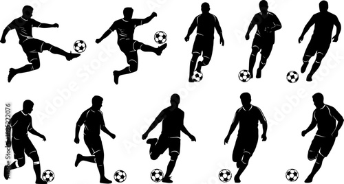 Silhouettes of soccer players in action kicking and running with a ball on white background football
