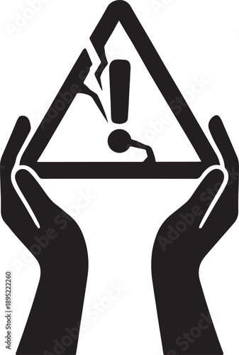 Hands icon holding cracked triangle warning sign symbolizing crisis containment silhouette