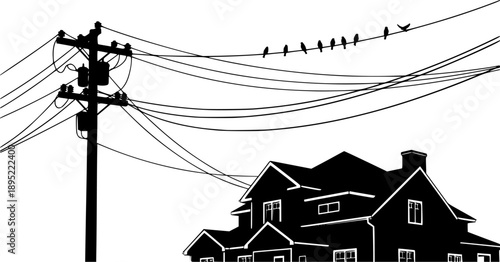 Suburban house with utility pole silhouette vector illustration, birds on power lines icon, rural neighborhood graphic design element for stock content See Less
