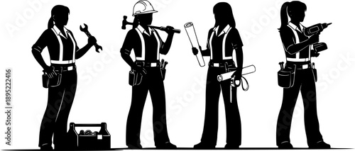 Four black silhouette female construction workers with tools and equipment woman
