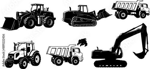 Silhouette collection of heavy machinery including front loader, track loader, dump truck, farm tractor, and excavator, construction and agriculture equipment illustration See Less
