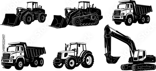 Silhouette collection of heavy machinery including front loader, track loader, dump truck, farm tractor, and excavator, construction and agriculture equipment illustration See Less
