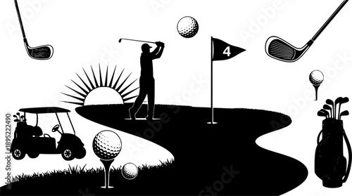 Golf silhouettes, golfer swing, tee and ball, putting green flag, golf cart, club bag, course icons, sports equipment, black vector illustration
