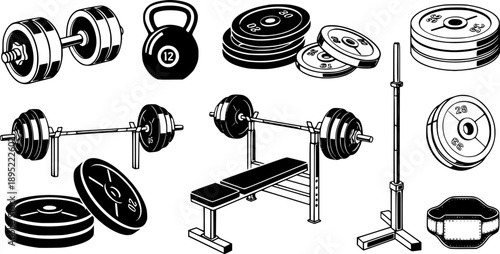 Gym equipment vector illustration set, dumbbells, kettlebell, weight plates, bench press, barbell, lifting belts, black and white fitness training design See Less
