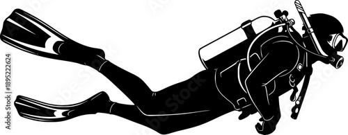 Silhouette of scuba diver swimming underwater with fins and oxygen tank, snorkeling gear, underwater exploration, deep sea diving adventure, isolated black figure on white background See Less
