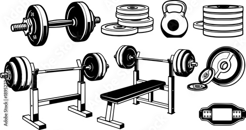Gym equipment vector illustration set, dumbbells, kettlebell, weight plates, bench press, barbell, lifting belts, black and white fitness training design See Less
