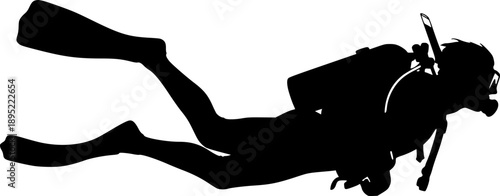 Silhouette of scuba diver swimming underwater with fins and oxygen tank, snorkeling gear, underwater exploration, deep sea diving adventure, isolated black figure on white background See Less
