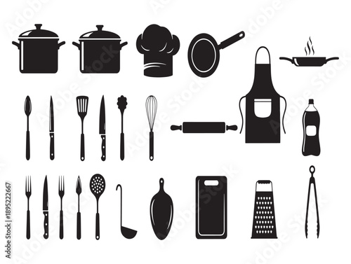 Black silhouette icons representing various kitchen cookware utensils and baking tools on a white background