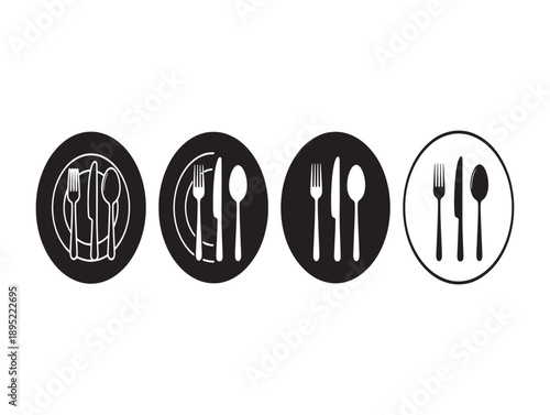 Minimalist black and white sketch of four oval place settings with cutlery and napkin
