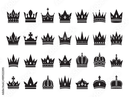 Collection of ornate black silhouettes of royal crowns in various styles and designs arranged in rows