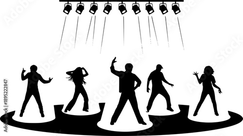 Silhouette of Performers on a Stage with Spotlight Circles and Stage Lights dancing posing
