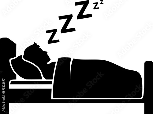 Black silhouette of a person sleeping in a bed with Zzz symbols bedroom rest
