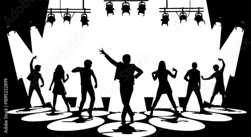 Silhouette of Performers on a Stage with Spotlight Circles and Stage Lights dancing posing

