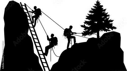 Black Silhouette Figures Climbing a Ladder Rope Tree and Rock on White Background ascent mountaineering
