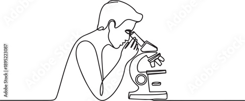 Continuous one line drawing person holding microscope.one line vector illustration with white background.