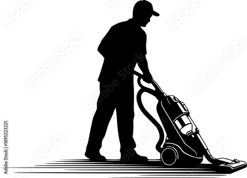 Black Silhouette Icon of a Person Vacuuming a Floor Keywords: vacuum cleaner, cleaning, housekeeping, domestic work, person
