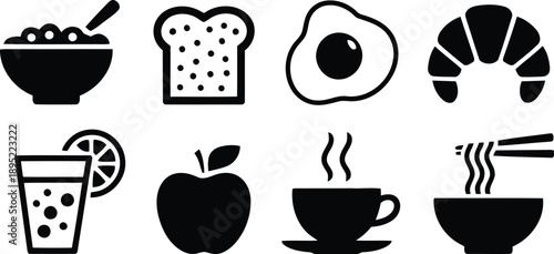 Essential black silhouette icons depicting various food and beverage items for menus and digital applications