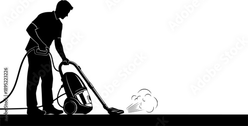 Black Silhouette Icon of a Person Vacuuming a Floor Keywords: vacuum cleaner, cleaning, housekeeping, domestic work, person
