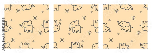 Elephant Doodle Hand Drawn Seamles Pattern, Cute Animal vector Set Collection
