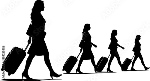 Silhouettes of Women Walking with Suitcases on a White Background Keywords: woman, women, silhouette, walking, suitcase, luggage
