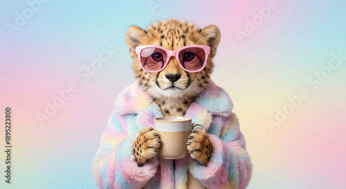 Funny Stylish Cheetah with Sunglasses and Coffee Mug on Pastel Background