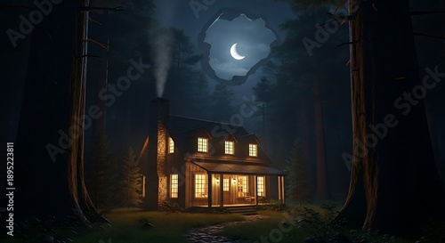 Wallpaper Mural Cozy forest cabin glows at night under a crescent moon. Torontodigital.ca