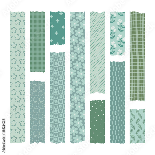 Green washi tape. Set of green washi stripes with plant, floral, geometric and abstract patterns. Trendy decorative scotch tape with ragged edges.  Perfect for scrapbooking, collages, stickers