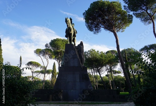 Sticker An equestrian statue of King Umberto I stands atop the monument of the king of Italy in the park, gardens of Villa Borghese, Rome