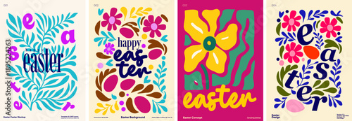 Сollection of Easter-themed posters featuring colorful floral and egg designs. Each poster showcases unique typography and playful patterns, perfect for celebrating  
