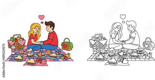 Romantic Couple Picnic Date with Coloring Book Page Outline Vector Illustration
