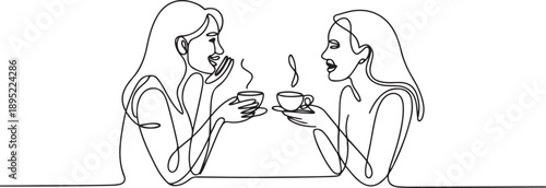 Continuous one line drawing two wemans chat over a cup of tea.one line vector illustration with white background.