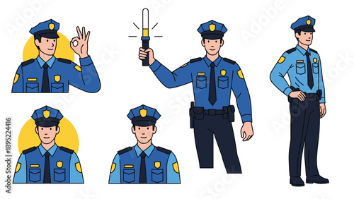 Police officer depicted in various professional poses including giving signals, standing on duty, and wearing different uniform variations.