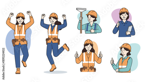 Female construction workers and cleaning professionals depicted in various active poses including celebrating success at work.
