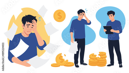 Man experiences severe financial stress and anxiety while surrounded by flying bills, documents, and broken golden coins.