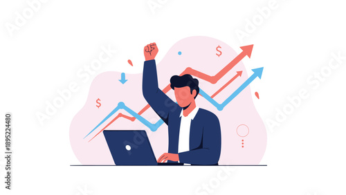 Successful businessman celebrates his achievements with a laptop in front of rising stock market arrows and financial growth indicators.