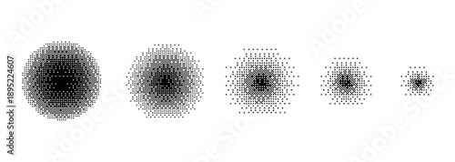 Bitmap Style Halftone Dot Circle Set.circular halftone gradients in bitmap style with low resolution pixelated dots for digital art, tech graphics, retro screen effects, abstract compositions.Vector