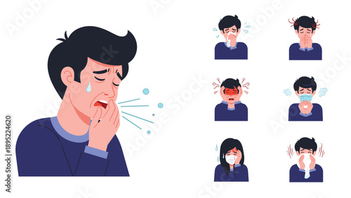 Male character exhibits various symptoms of illness and fever alongside a woman wearing a medical mask for protection.