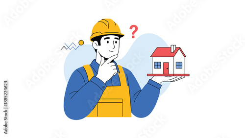 Construction worker in yellow overalls and helmet thinks deeply while holding a small model house in his open hand.