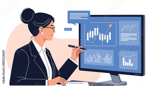 Businesswoman pointing at computer monitor displays financial candlestick charts and stock market data for analysis.