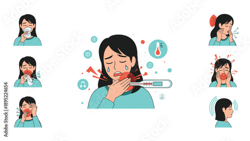 Woman experiences various common symptoms of flu and cold including high fever, persistent coughing, sore throat, and nasal congestion.