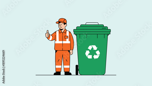 Sanitation worker wearing orange high-visibility safety gear stands proudly next to a large green recycling waste container.