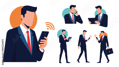 Modern businessman using mobile phone and tablet for communication and work in various professional poses and situations.