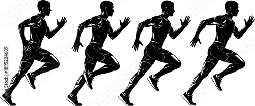 Running man silhouette vector set, athlete sprinting side view animation sequence isolated on white background.