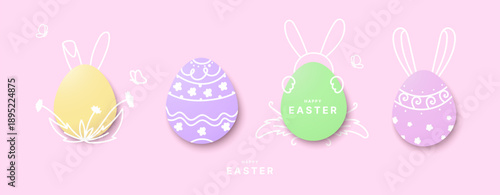Happy Easter modern eggs and hand drawn bunny, and festive elements for holiday greeting cards, festive social media, seasonal banners, printable decor, invitations, spring marketing designs. Vector
