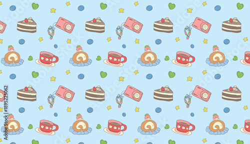 Cute Cartoon Check Pattern Bakery Theme Background and playful icons, suitable for baby room decor, fabric, and stationery design.