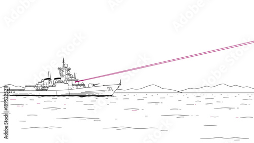 Line art warship with laser beam on ocean against mountains
