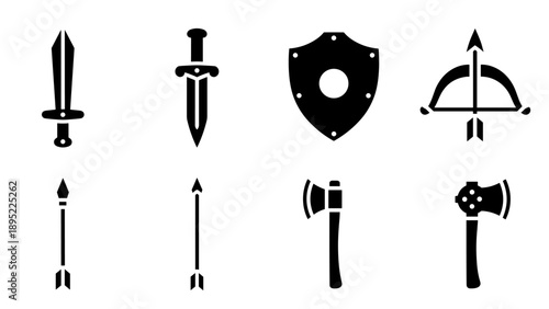 Silhouette medieval weapons set: sword, dagger, shield, axe, and bow icons