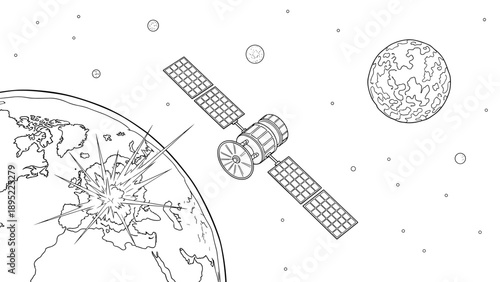Linear space scene with satellite orbiting earth in outer space